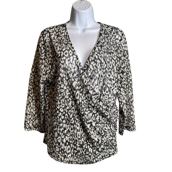 Tahari Women’s Gray‎ Cheetah Print Faux Wrap Top Size XL Maximalist Opulent Glam - Picture 1 of 9